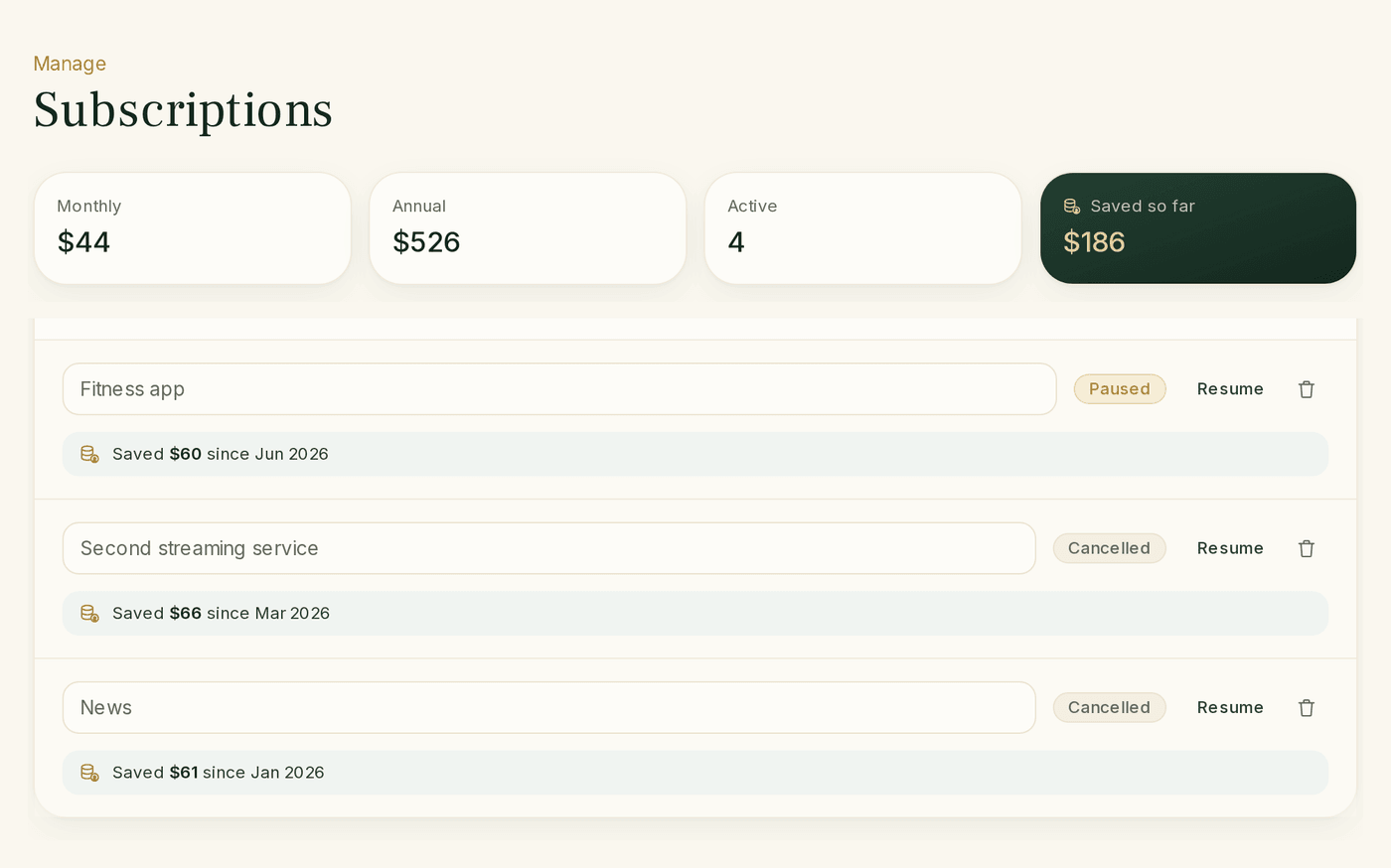 Heir’s subscription tracker showing monthly and yearly totals, active subscriptions, and the amount saved by paused and cancelled ones